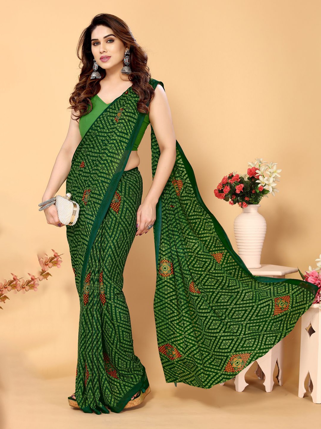 

ANAND SAREES Geometric Printed Saree, Green