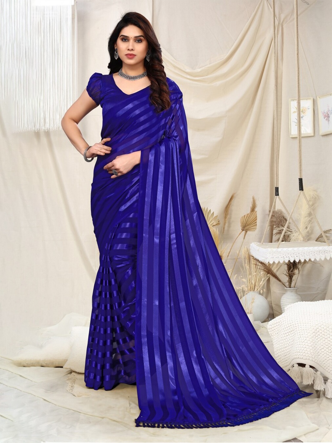 

ANAND SAREES Striped Satin Saree, Blue