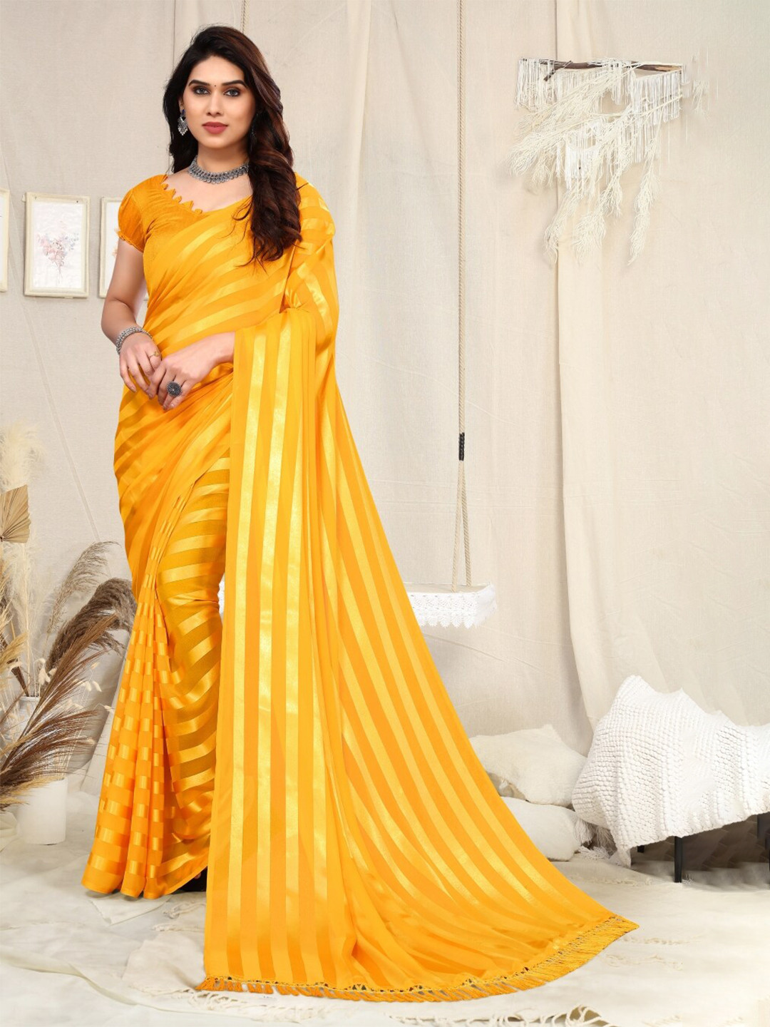 

ANAND SAREES Striped Satin Saree, Yellow