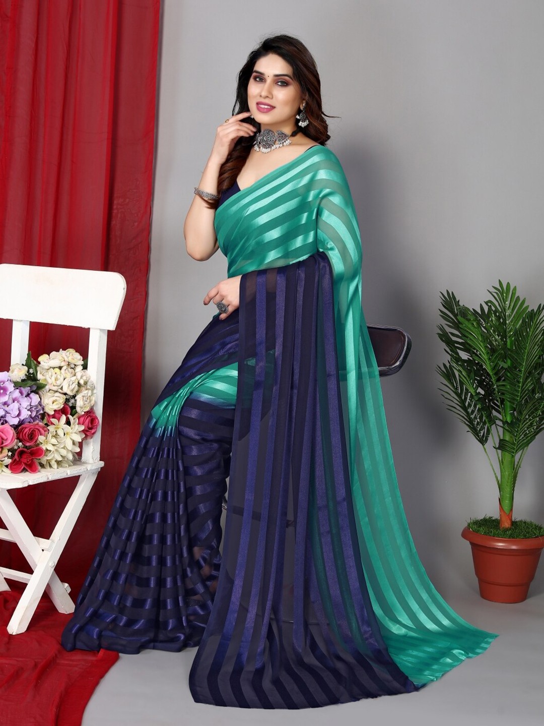 

Moda Rapido Striped Satin Saree, Blue