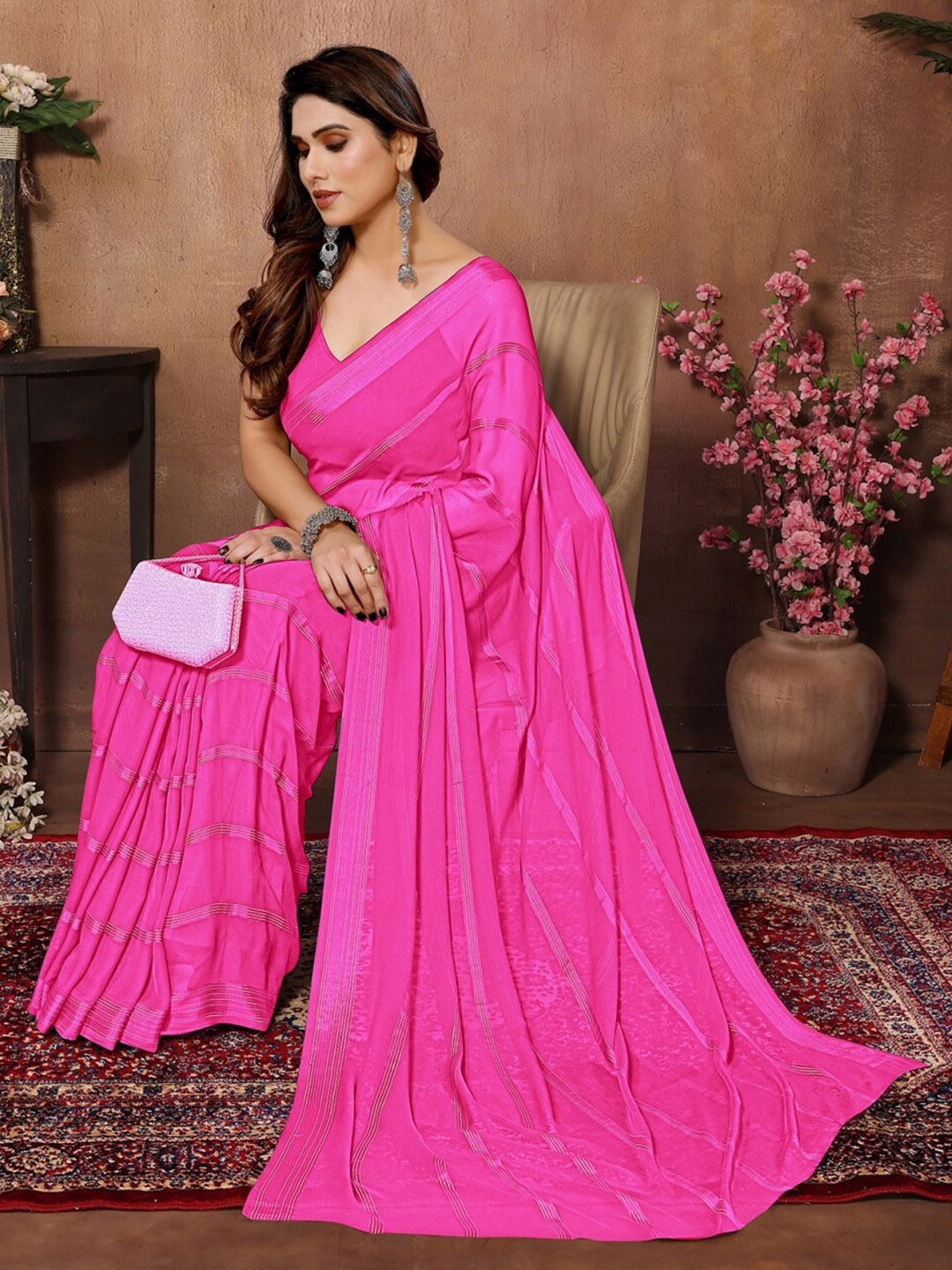 

Moda Rapido Striped Satin Saree, Pink