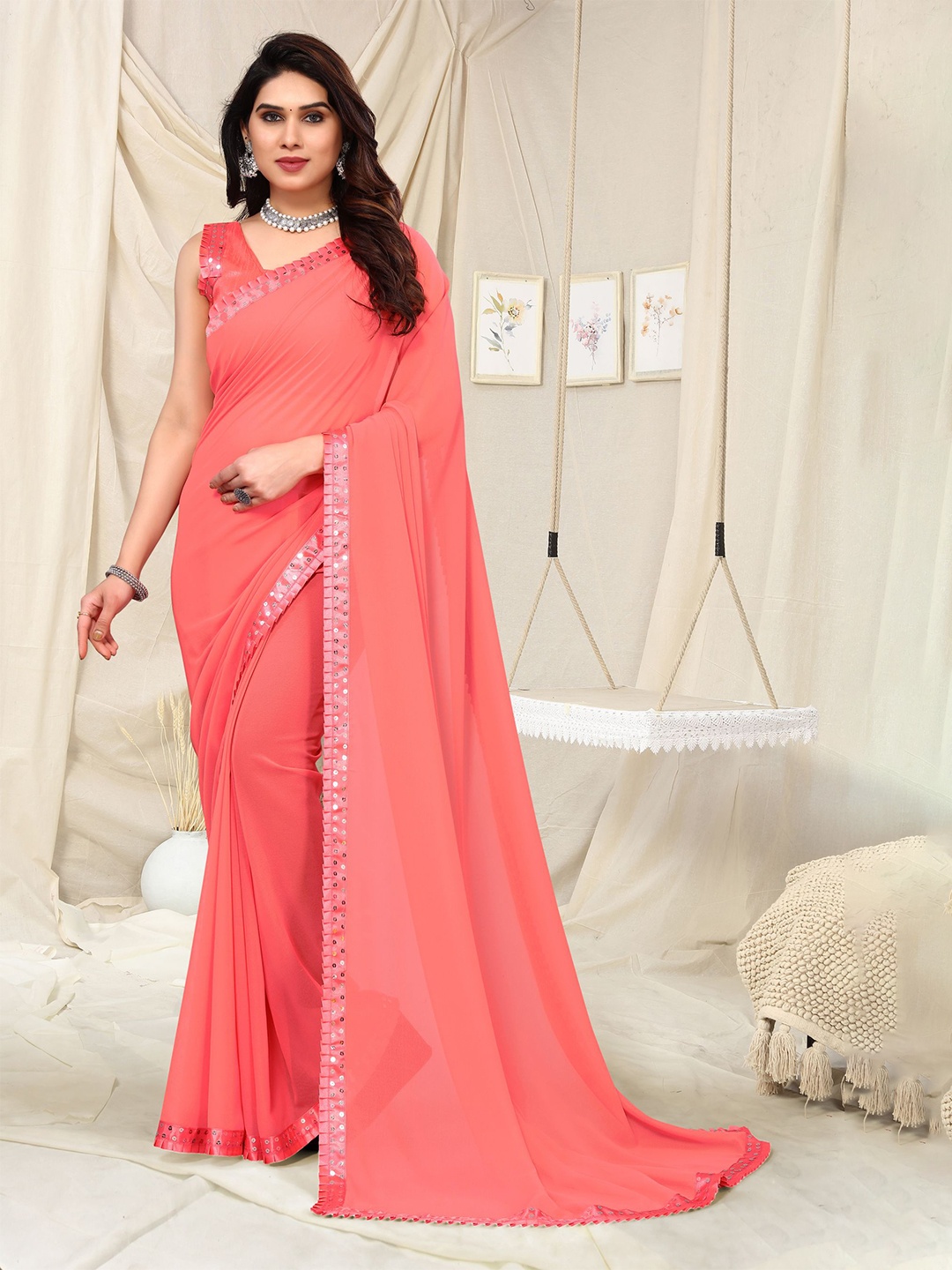 

ANAND SAREES Sequinned Saree, Pink