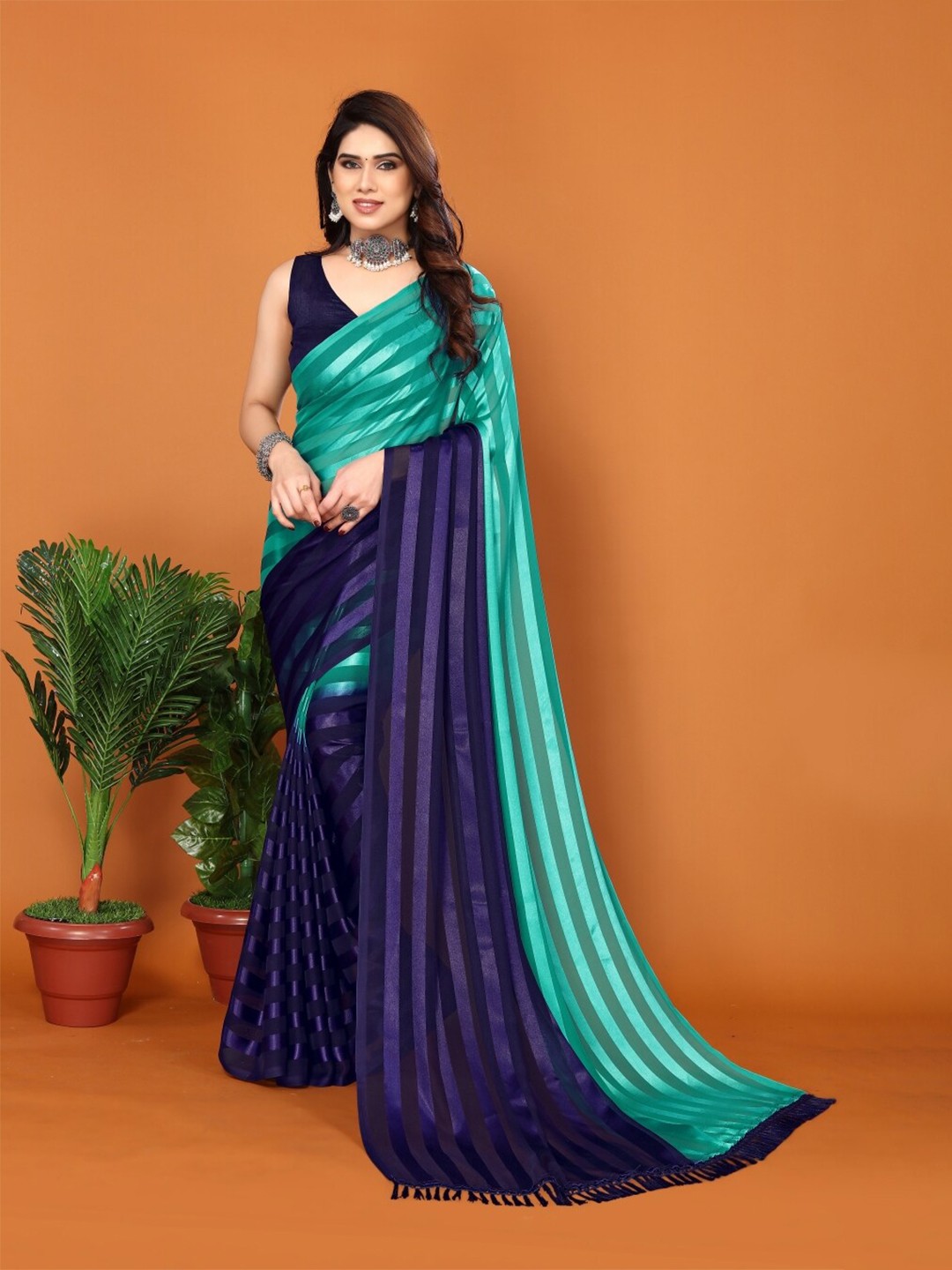

ANAND SAREES Striped Satin Saree, Blue