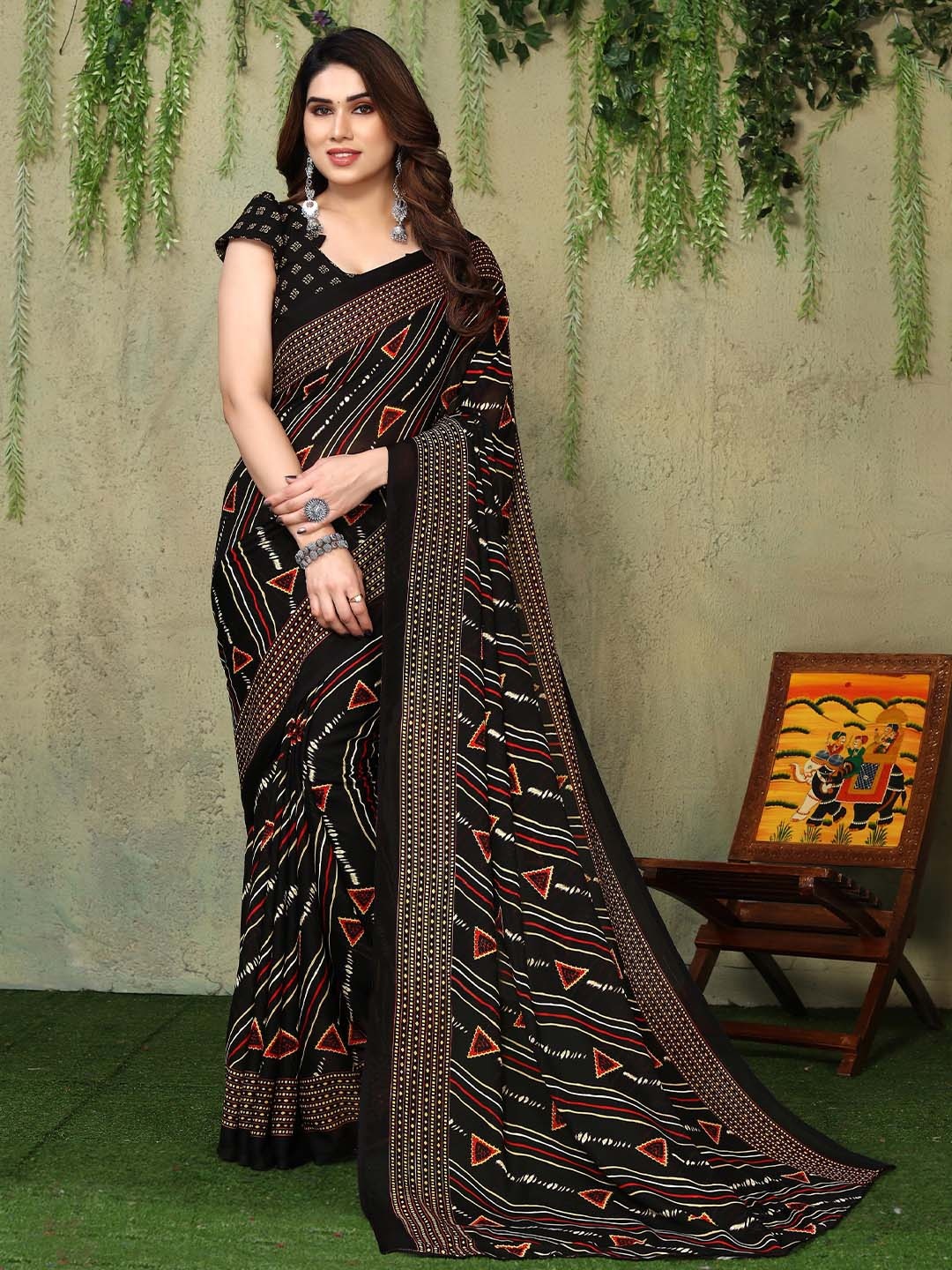 

ANAND SAREES Geometric Printed Saree, Black