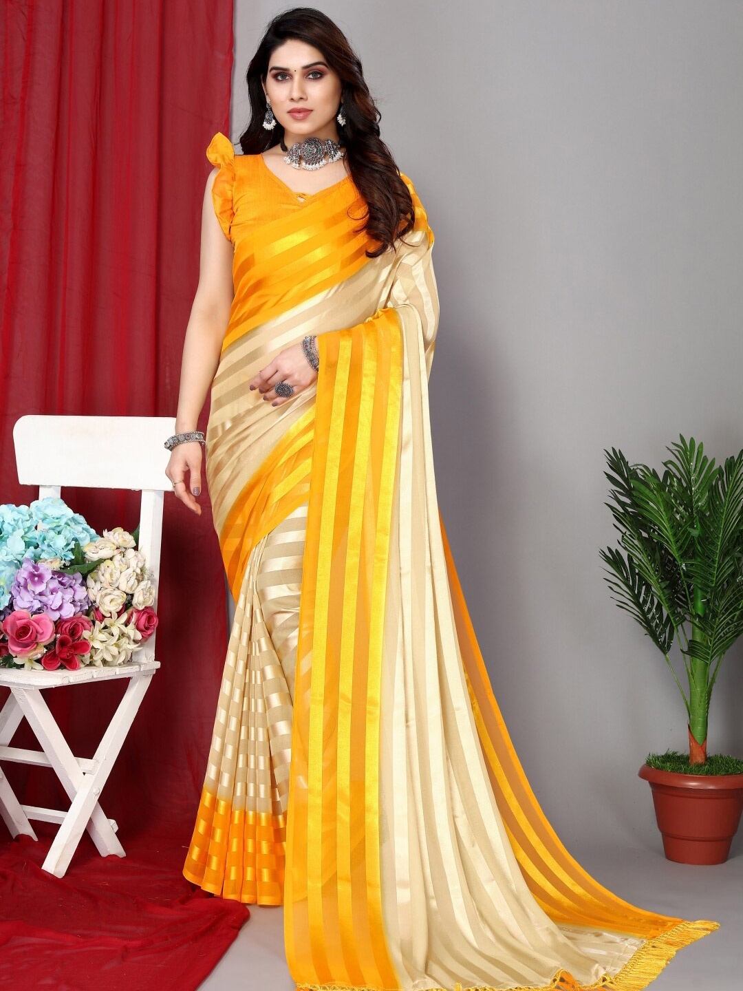 

ANAND SAREES Striped Satin Saree, Yellow
