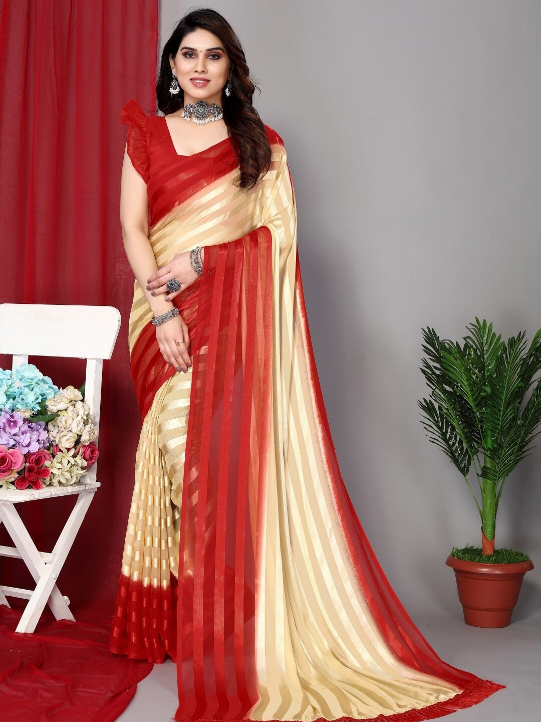 

ANAND SAREES Striped Satin Saree, Red