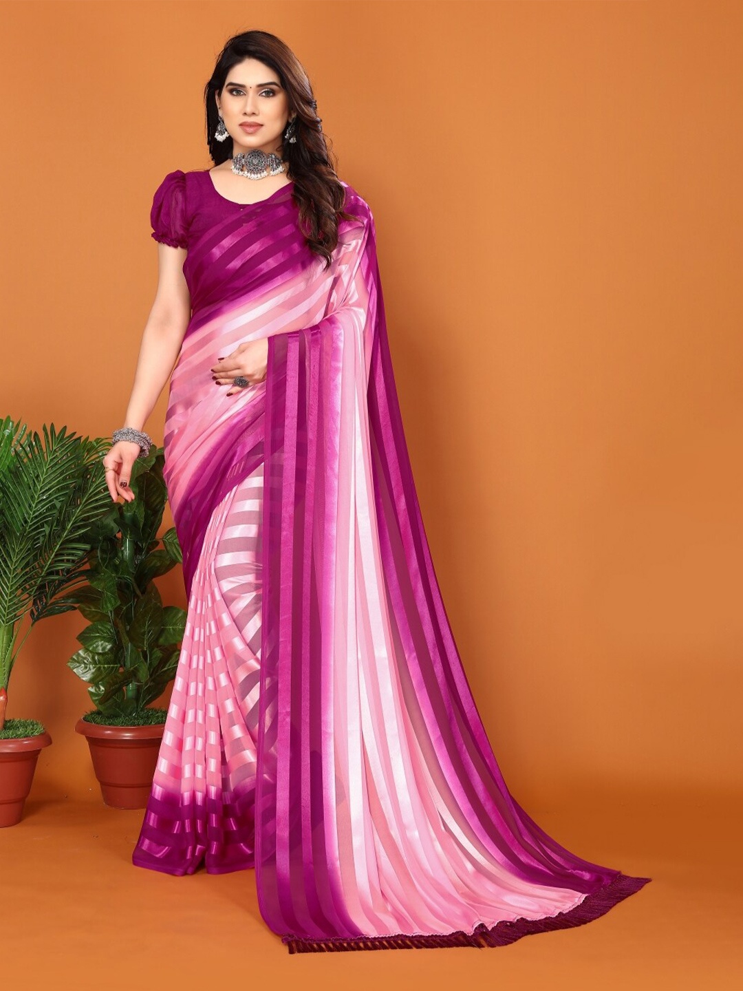 

ANAND SAREES Striped Satin Saree, Pink