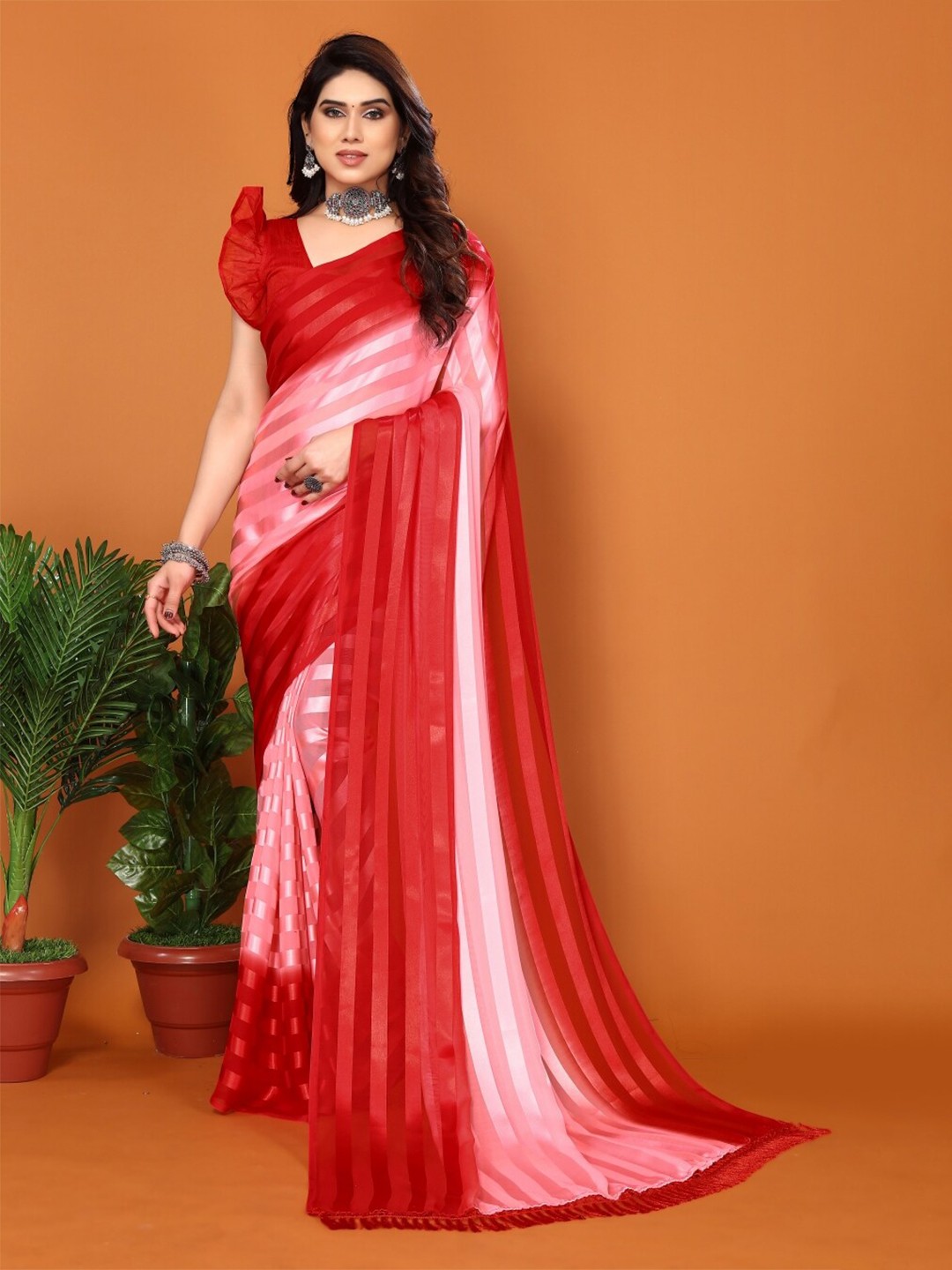 

ANAND SAREES Striped Satin Saree, Pink