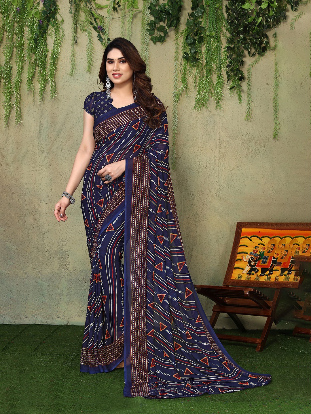 

ANAND SAREES Geometric Printed Saree, Navy blue