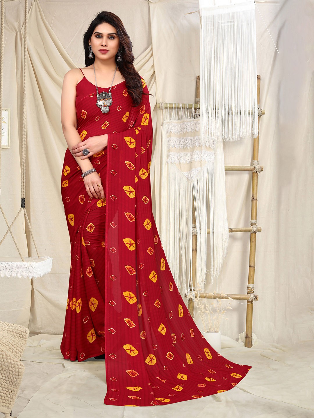 

ANAND SAREES Bandhani Printed Saree, Red