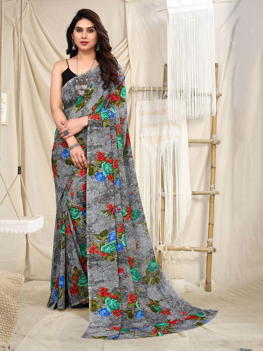 

ANAND SAREES Floral Printed Saree, Grey