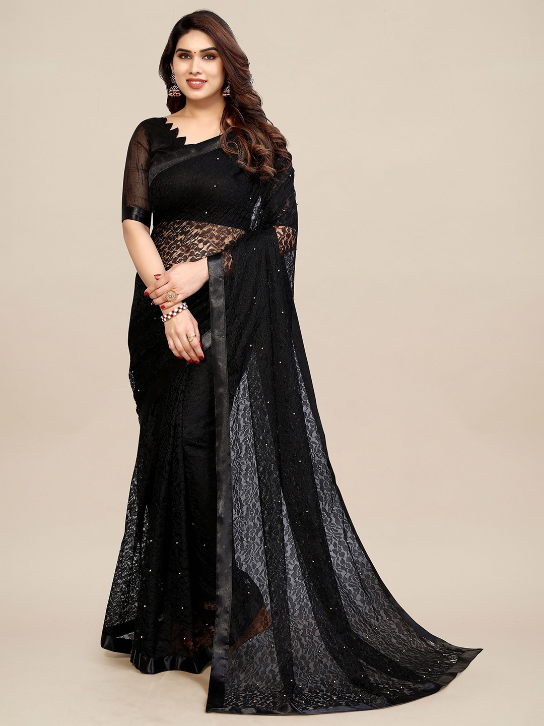 

ANAND SAREES Floral Embellished Beads & Stones Net Saree, Black