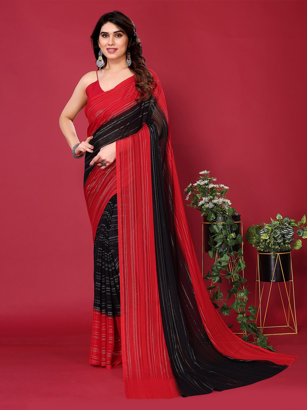 

ANAND SAREES Striped Satin Saree, Red