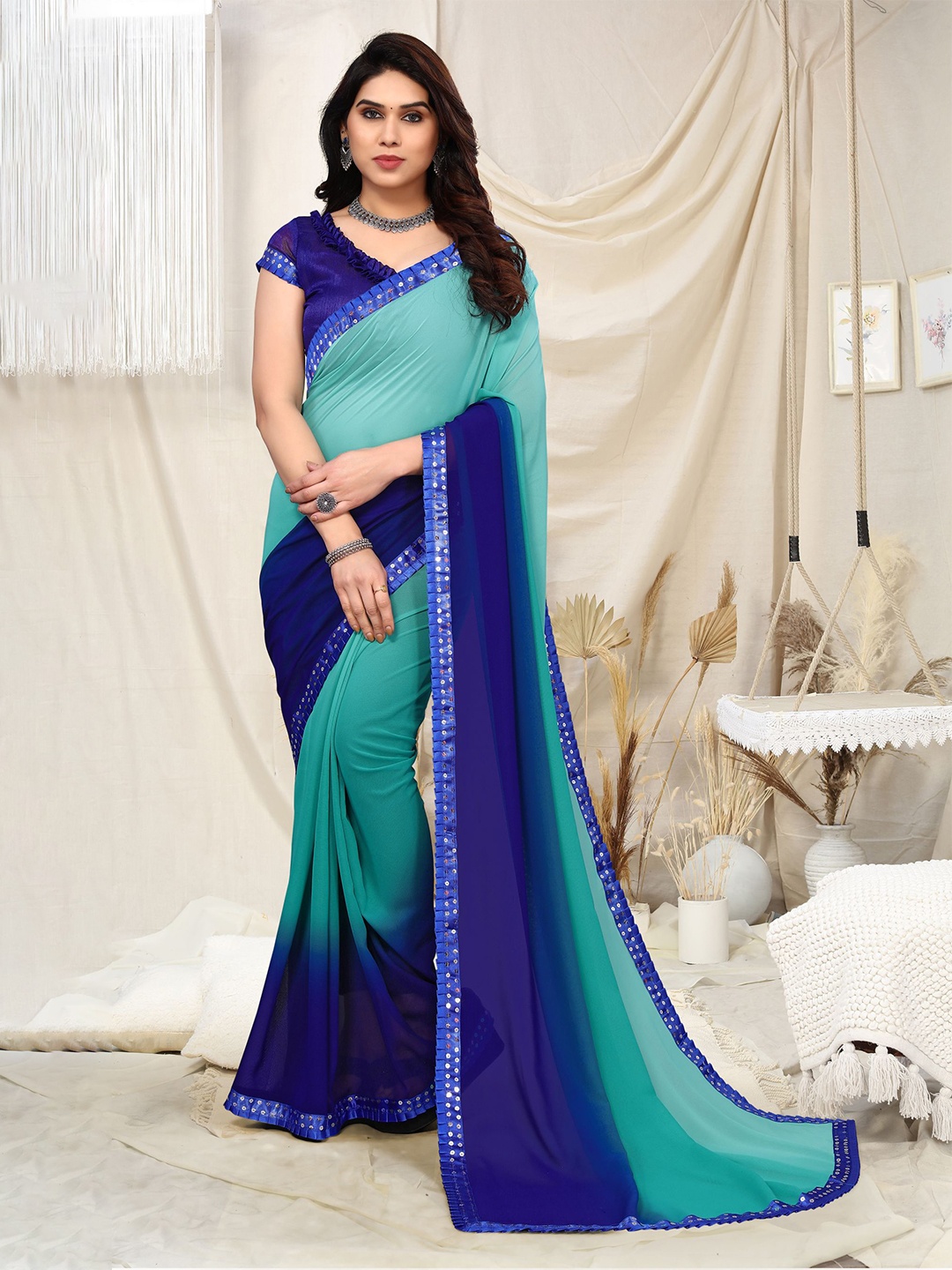 

ANAND SAREES Ombre Sequinned Saree, Blue