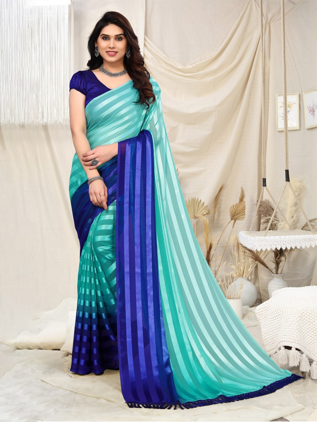 

ANAND SAREES Striped Satin Saree, Green