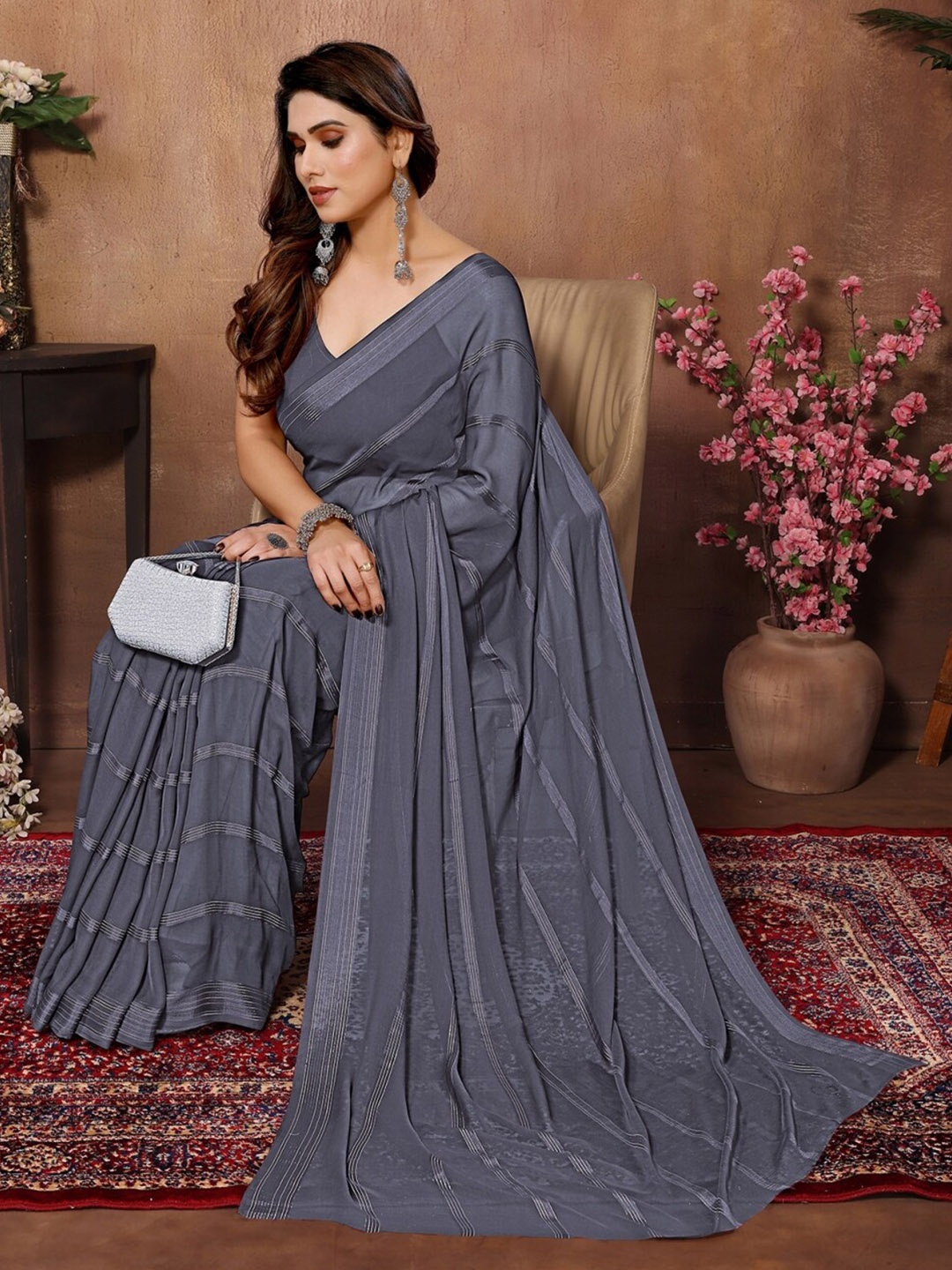 

ANAND SAREES Striped Satin Saree, Grey