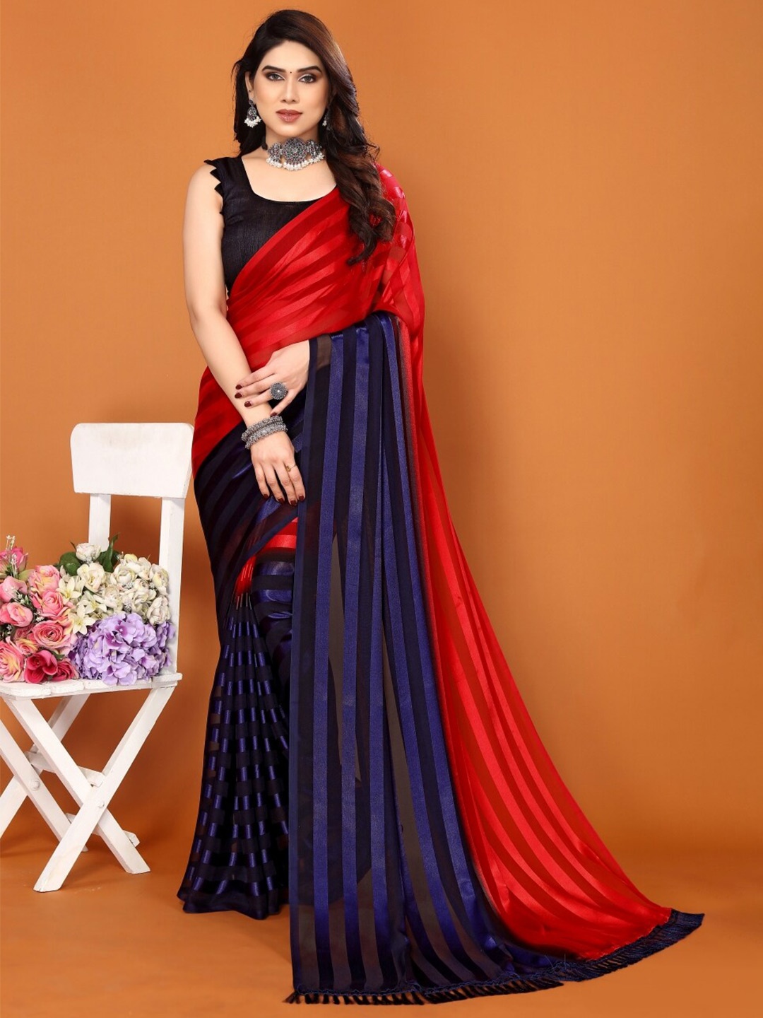 

ANAND SAREES Striped Satin Saree, Red