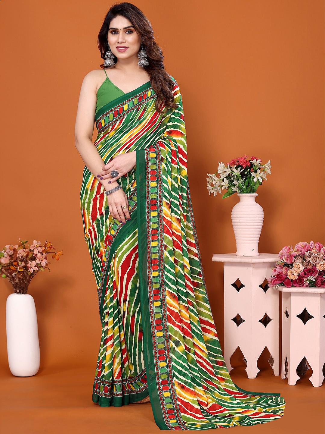 

ANAND SAREES Striped Ethnic Saree, Green