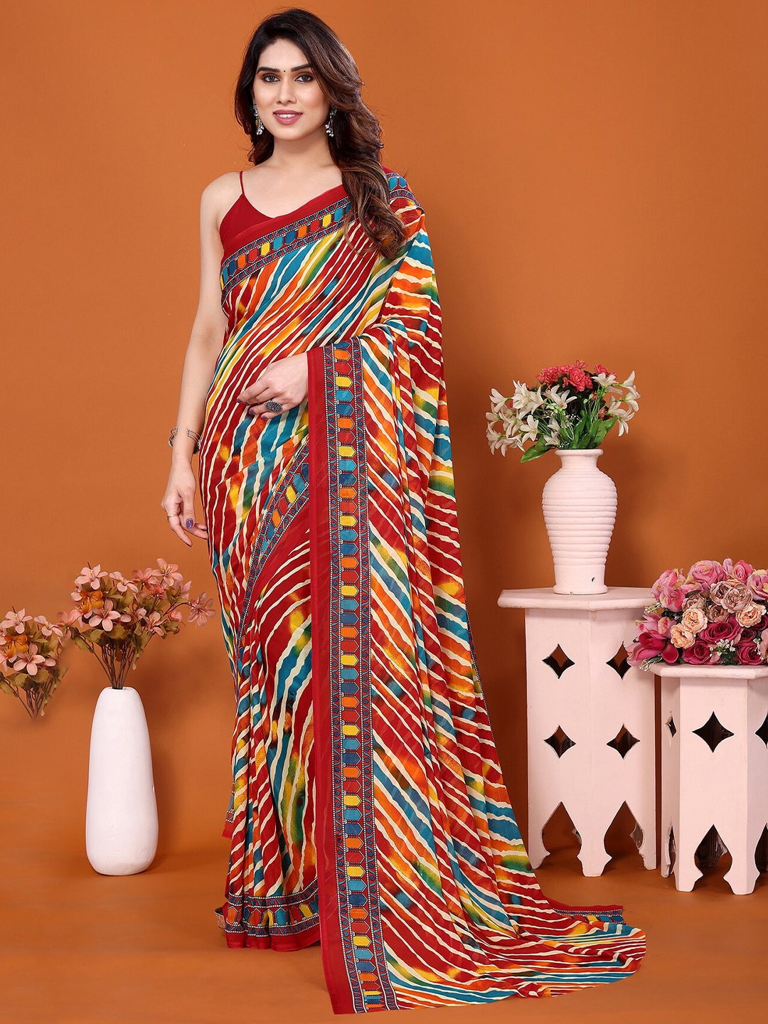 

ANAND SAREES Striped Ethnic Saree, Red