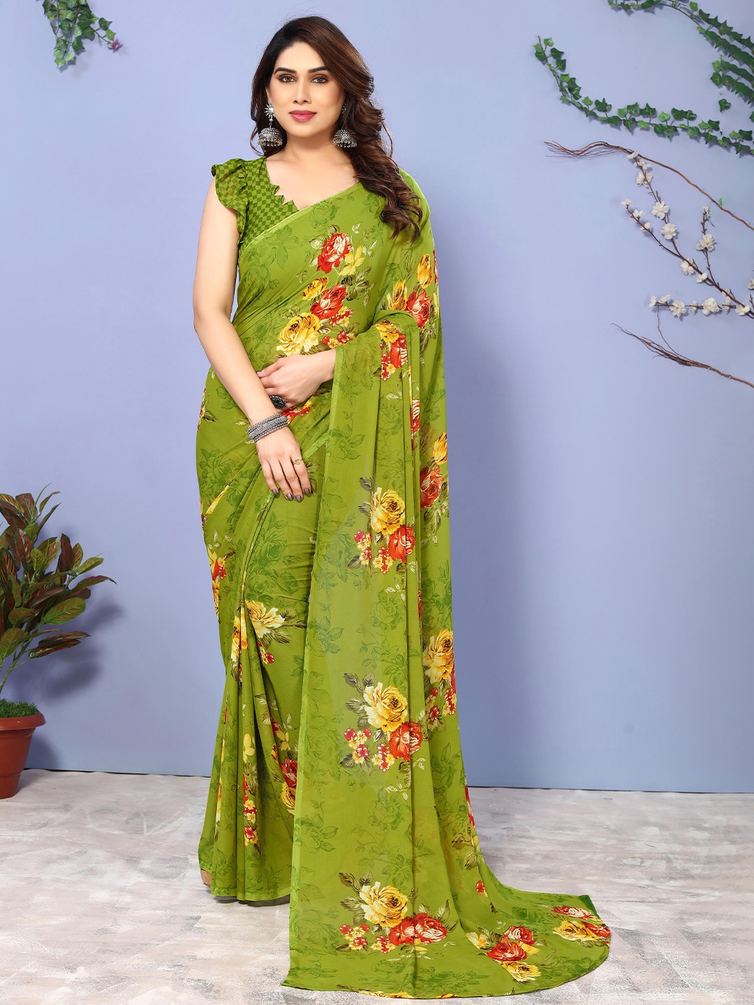 

ANAND SAREES Floral Printed Saree, Green