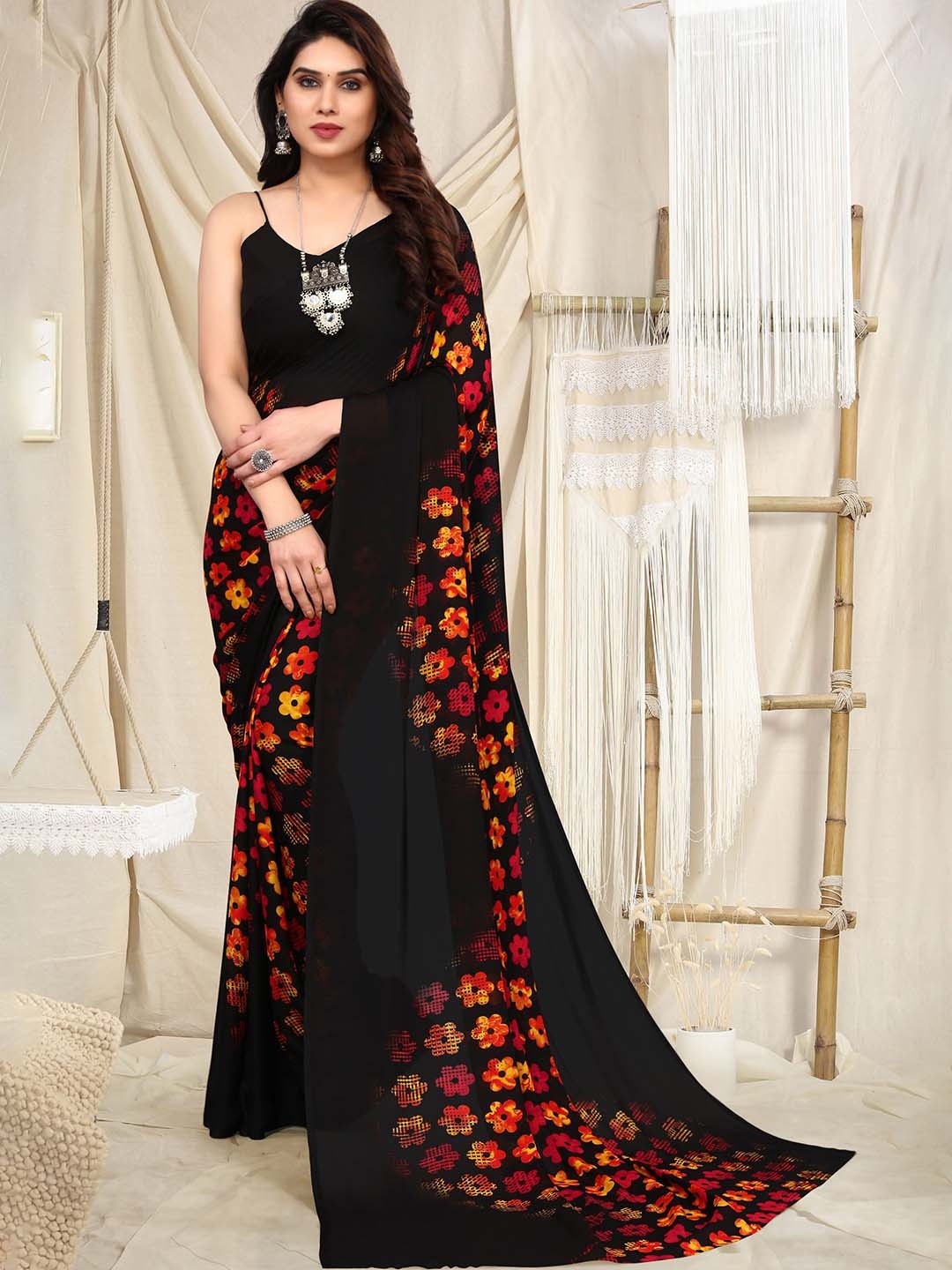 

ANAND SAREES Floral Printed Saree, Black