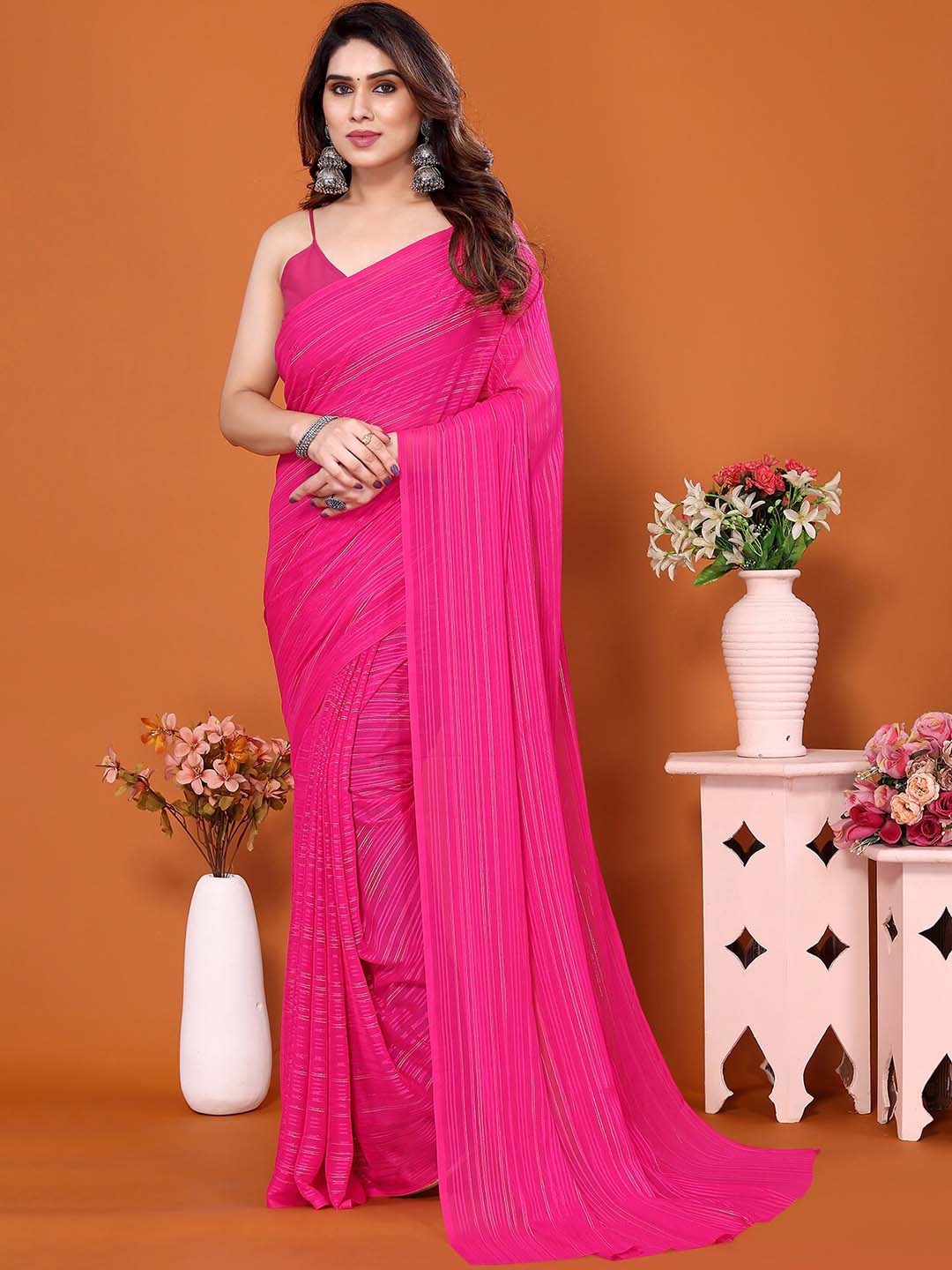 

Moda Rapido Striped Satin Saree, Pink