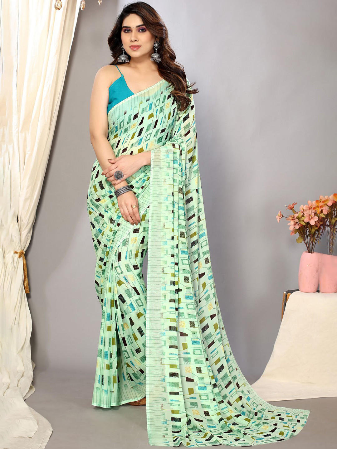 

ANAND SAREES Geometric Printed Saree, Green
