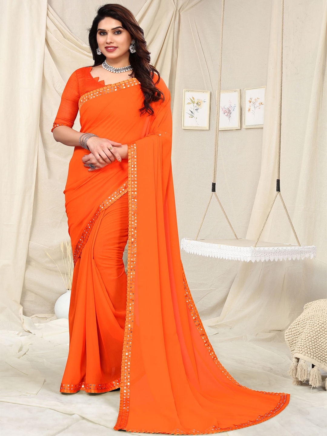 

ANAND SAREES Sequinned Saree, Orange