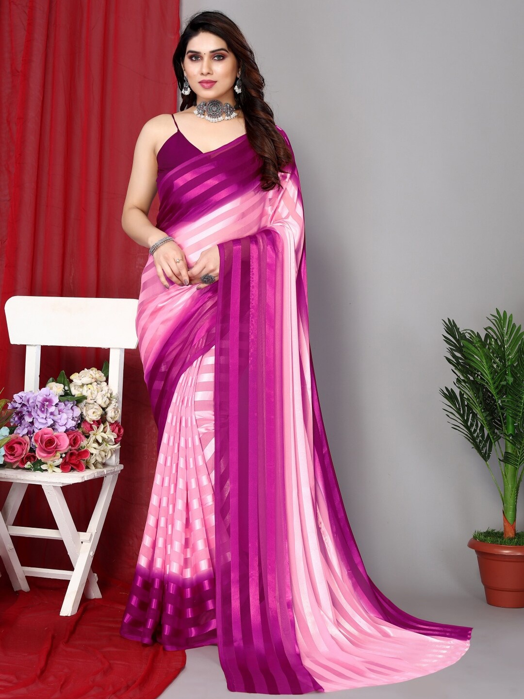 

Moda Rapido Striped Satin Saree, Purple