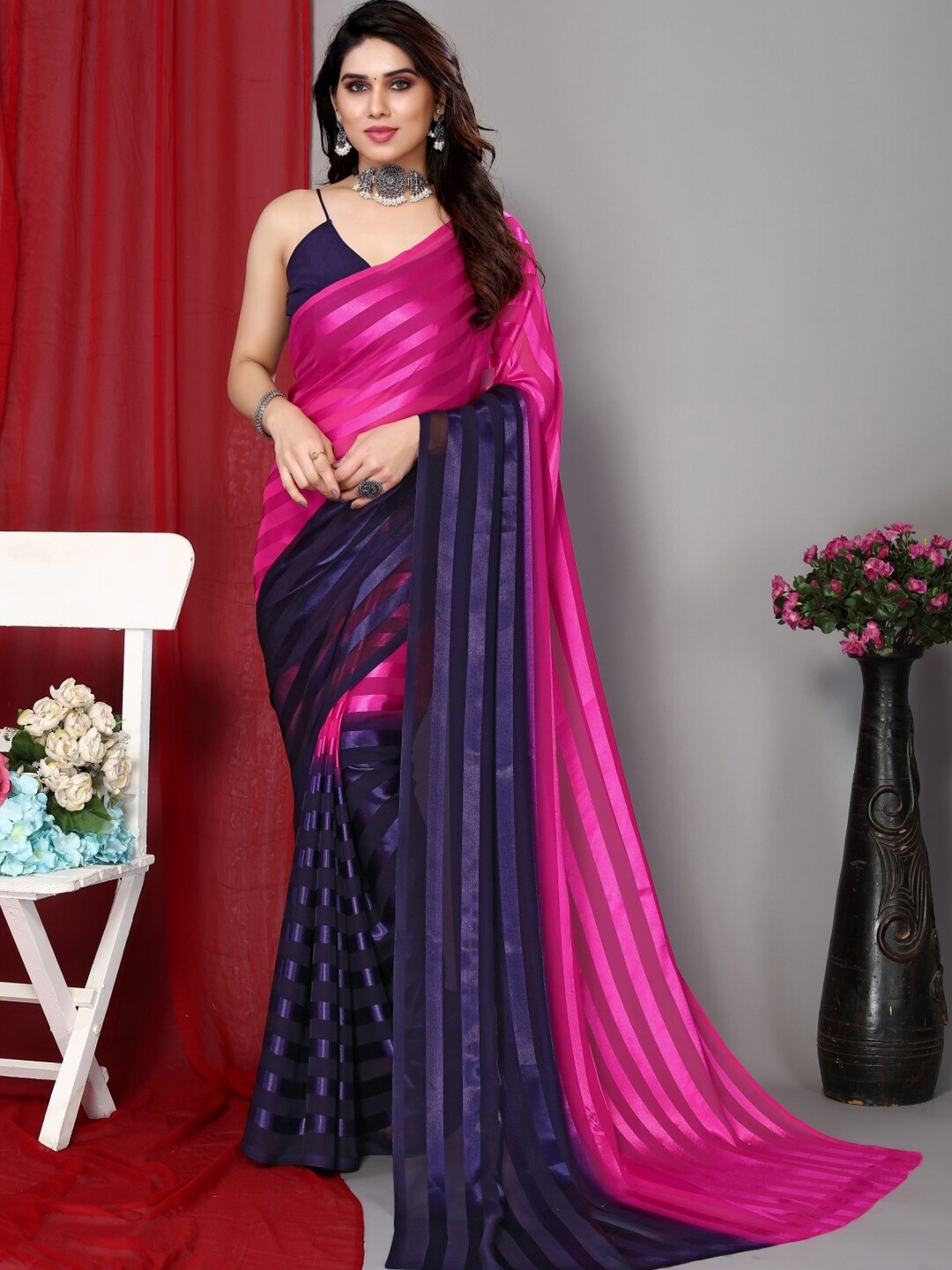 

Moda Rapido Striped Satin Saree, Pink