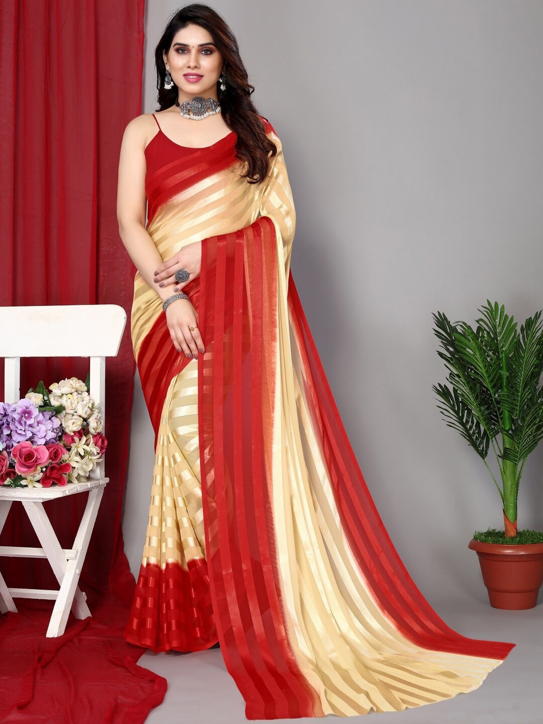 

ANAND SAREES Striped Satin Saree, Red