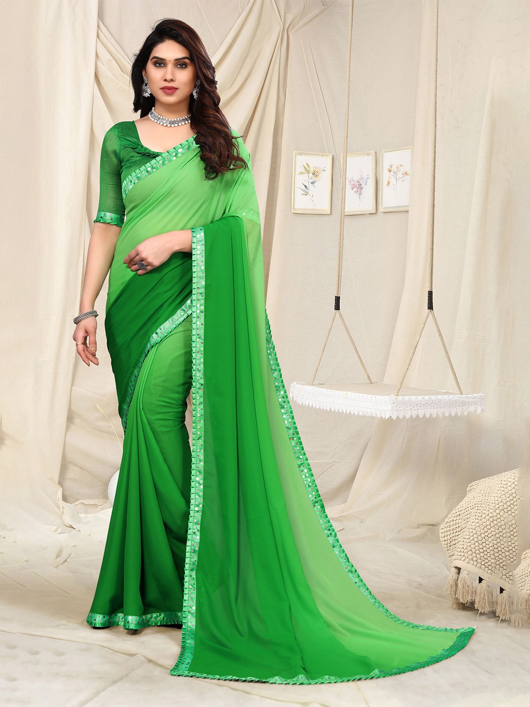 

ANAND SAREES Ombre Sequined Saree, Green