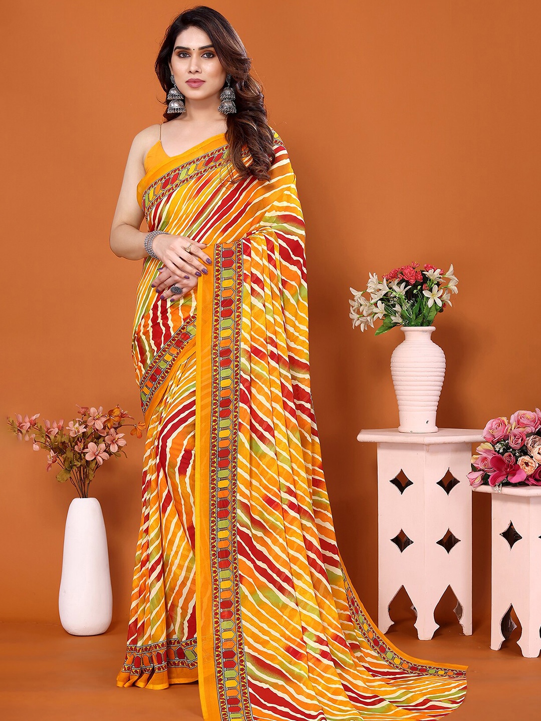 

ANAND SAREES Striped Saree, Yellow