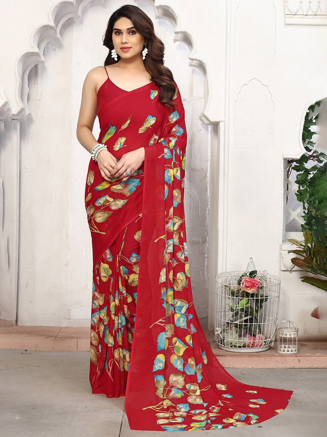 

ANAND SAREES Floral Printed Saree, Red