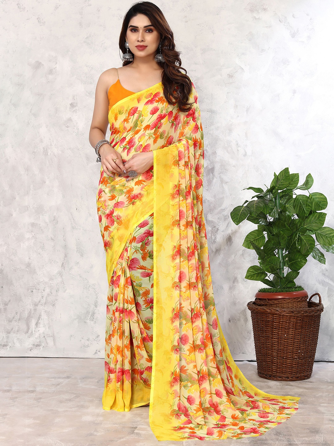 

ANAND SAREES Floral Printed Poly Georgette Saree, Yellow