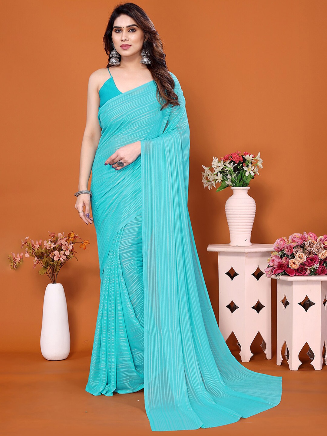 

Moda Rapido Striped Satin Saree, Blue