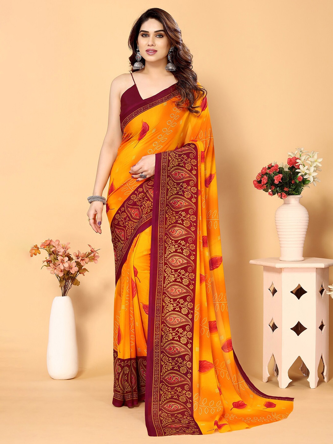 

ANAND SAREES Ethnic Motifs Printed Poly Georgette Saree, Yellow