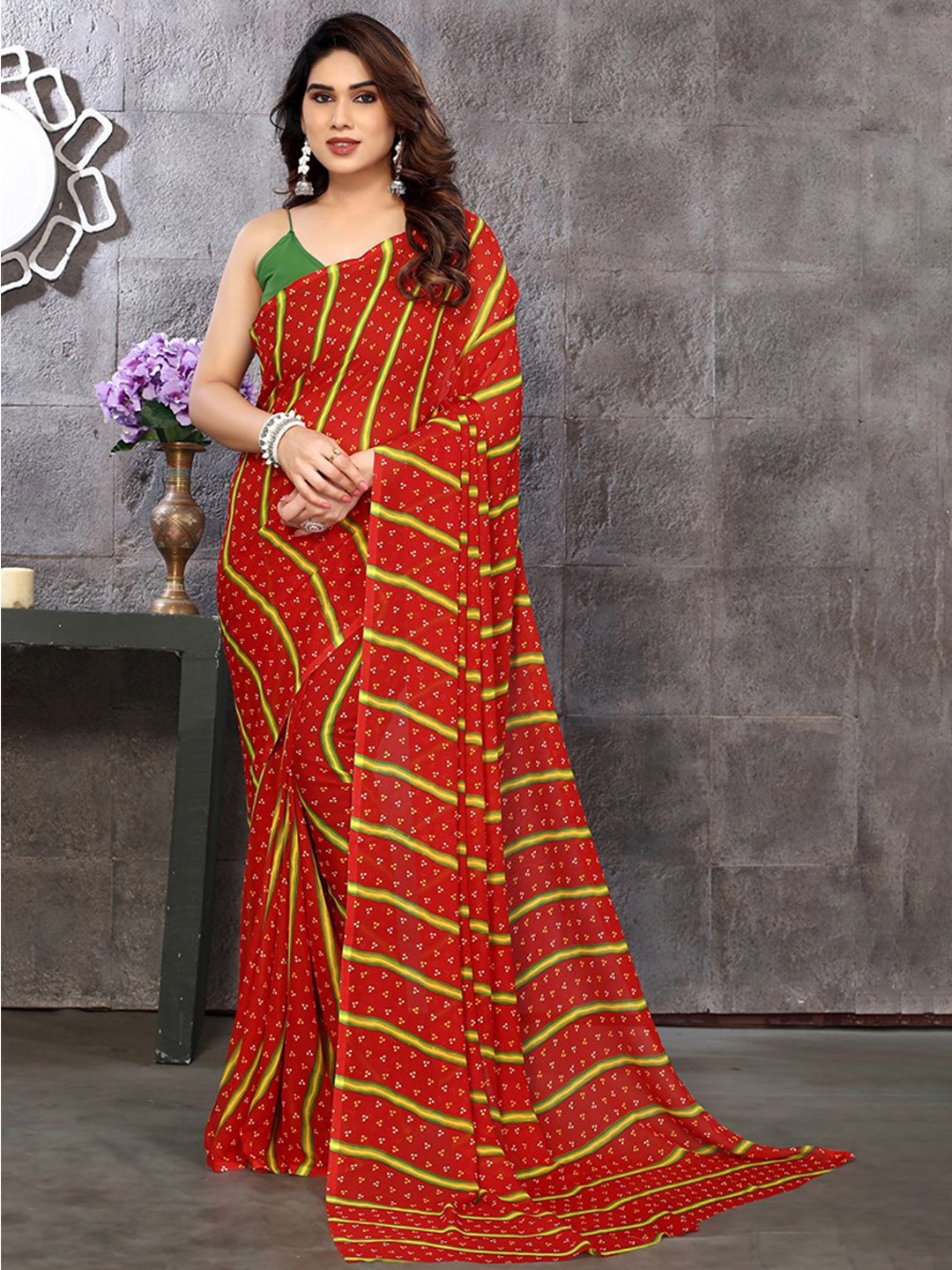 

ANAND SAREES Striped Poly Georgette Saree, Red