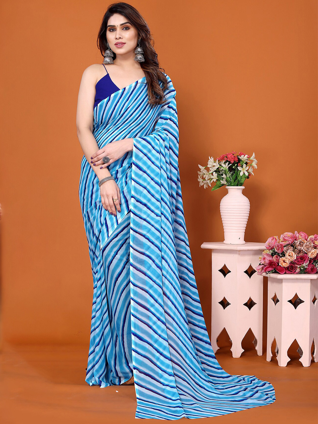 

ANAND SAREES Striped Poly Georgette Saree, Blue