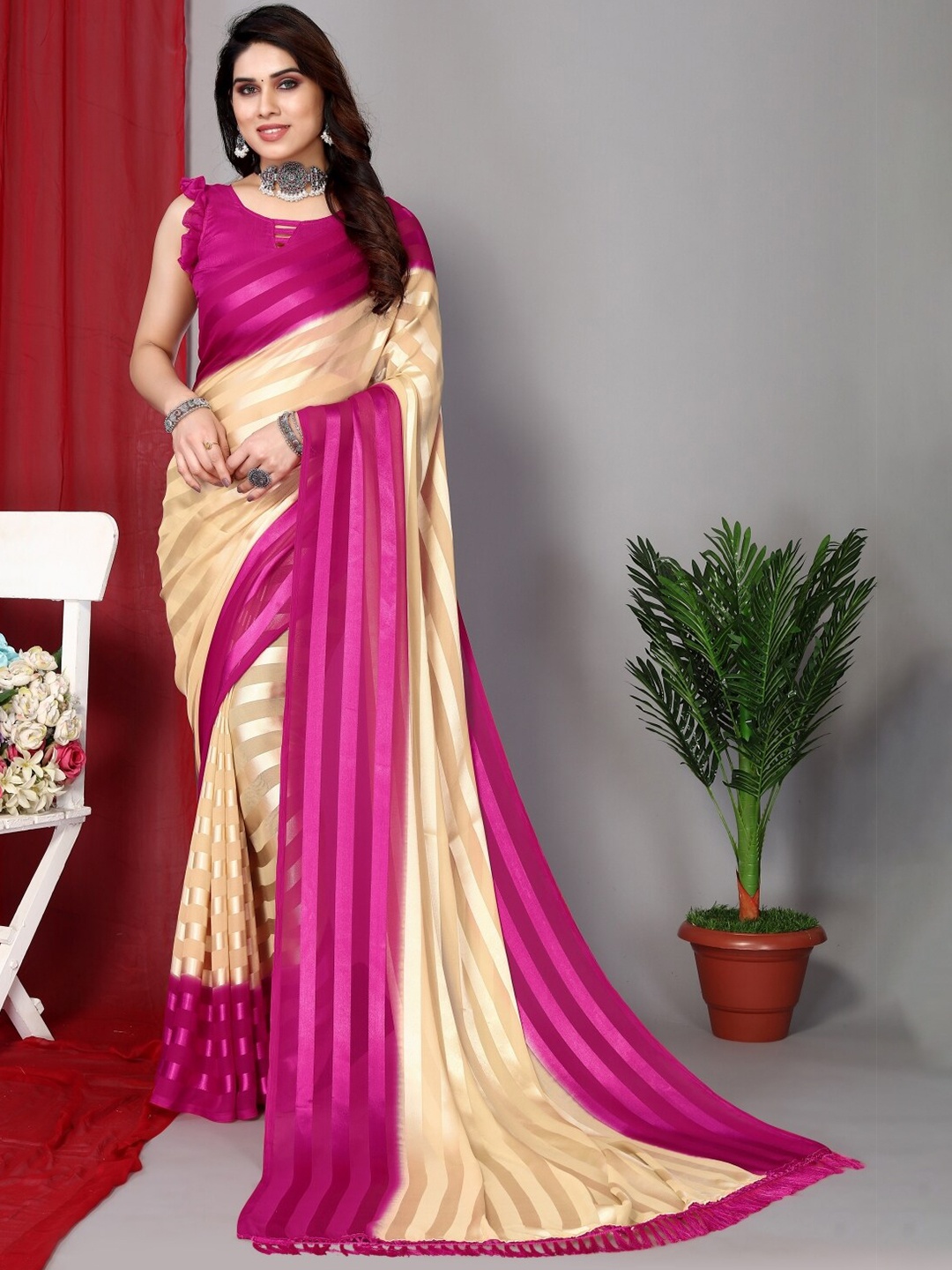 

ANAND SAREES Striped Satin Saree, Pink