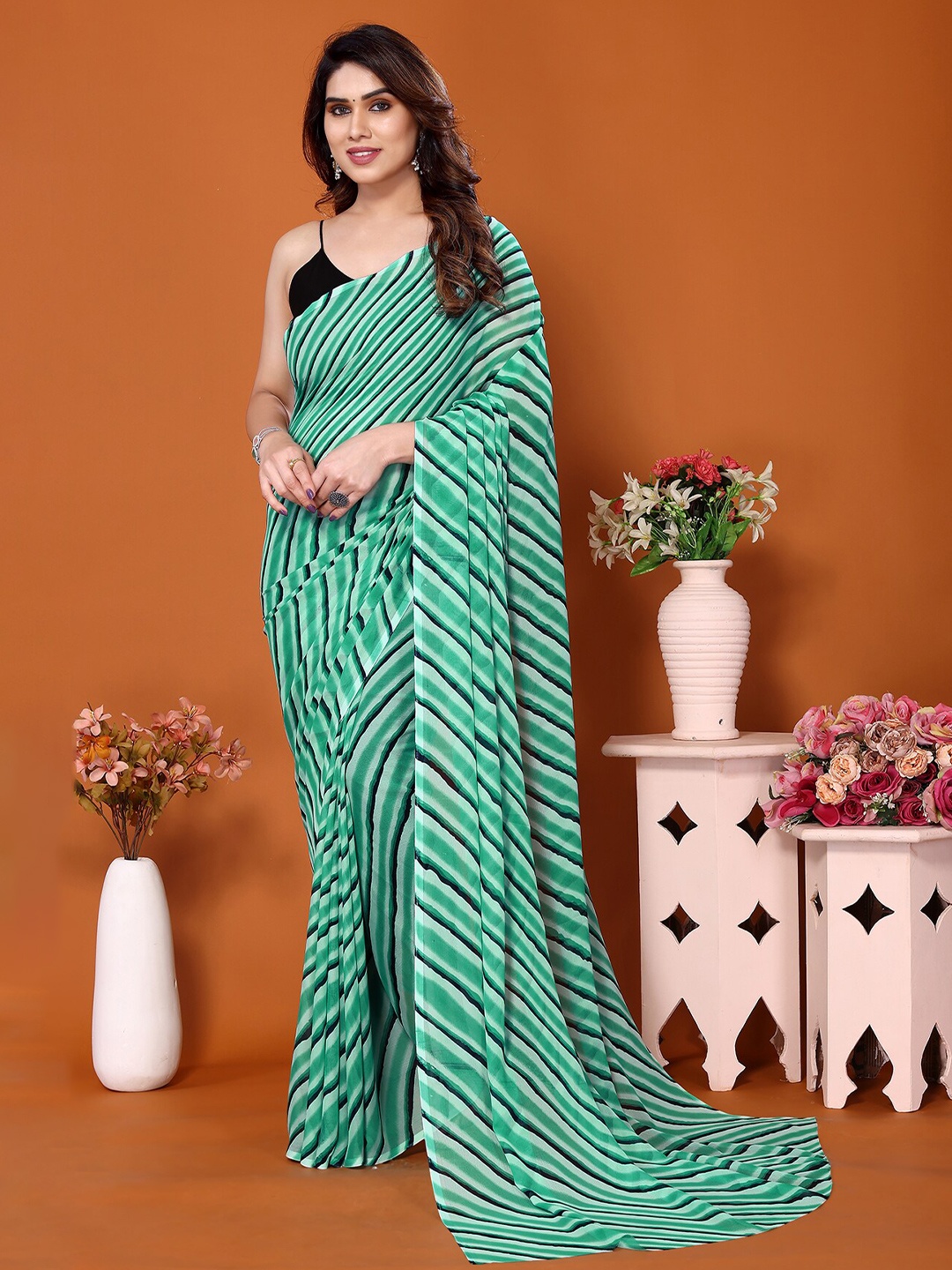 

ANAND SAREES Striped Poly Georgette Saree, Green