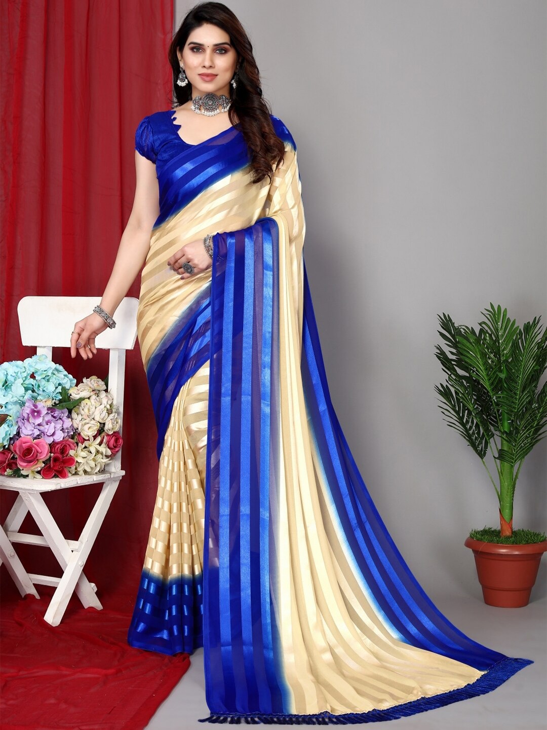 

ANAND SAREES Striped Satin Saree, Blue