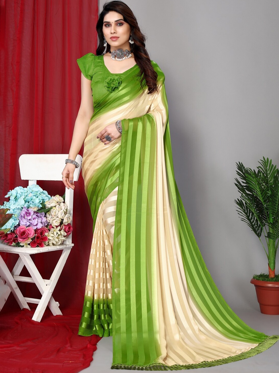 

ANAND SAREES Striped Satin Saree, Green