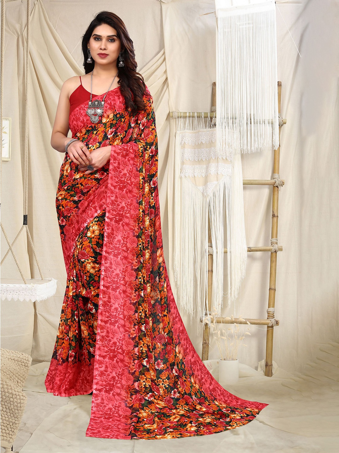 

ANAND SAREES Floral Printed Poly Georgette Saree, Pink