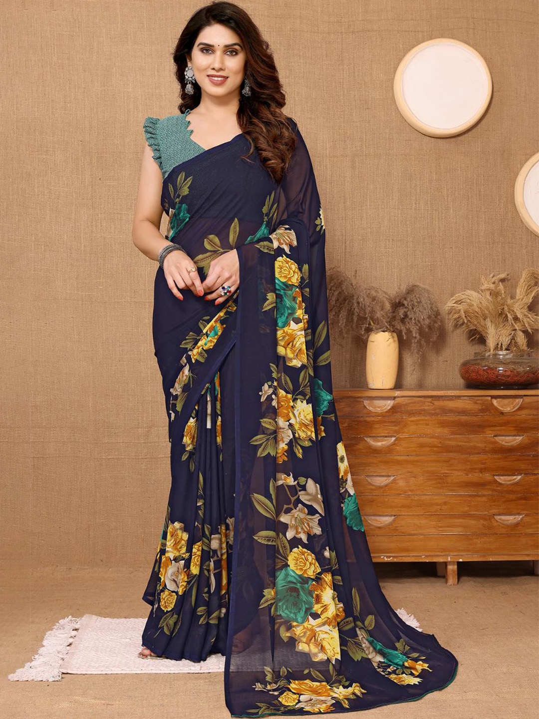 

Moda Rapido Floral Printed Saree, Blue