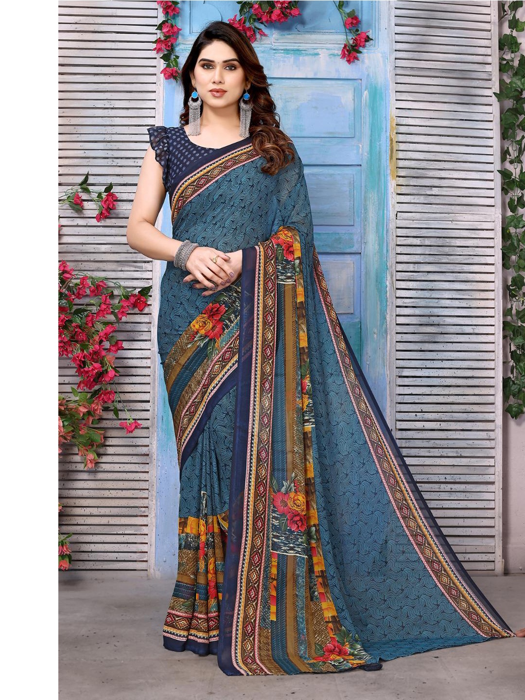 

ANAND SAREES Floral Printed Saree, Blue