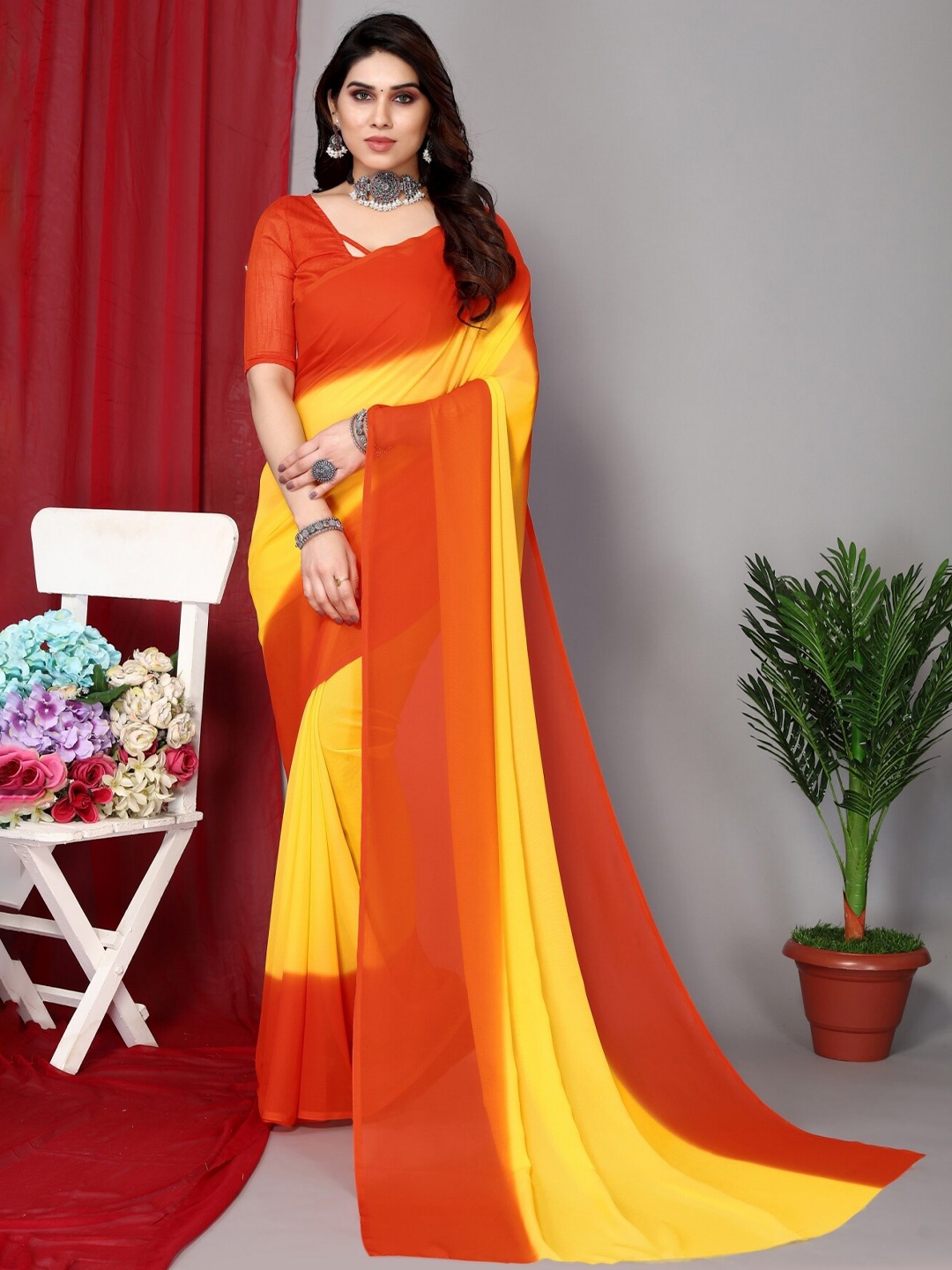 

ANAND SAREES Colourblocked Saree, Orange