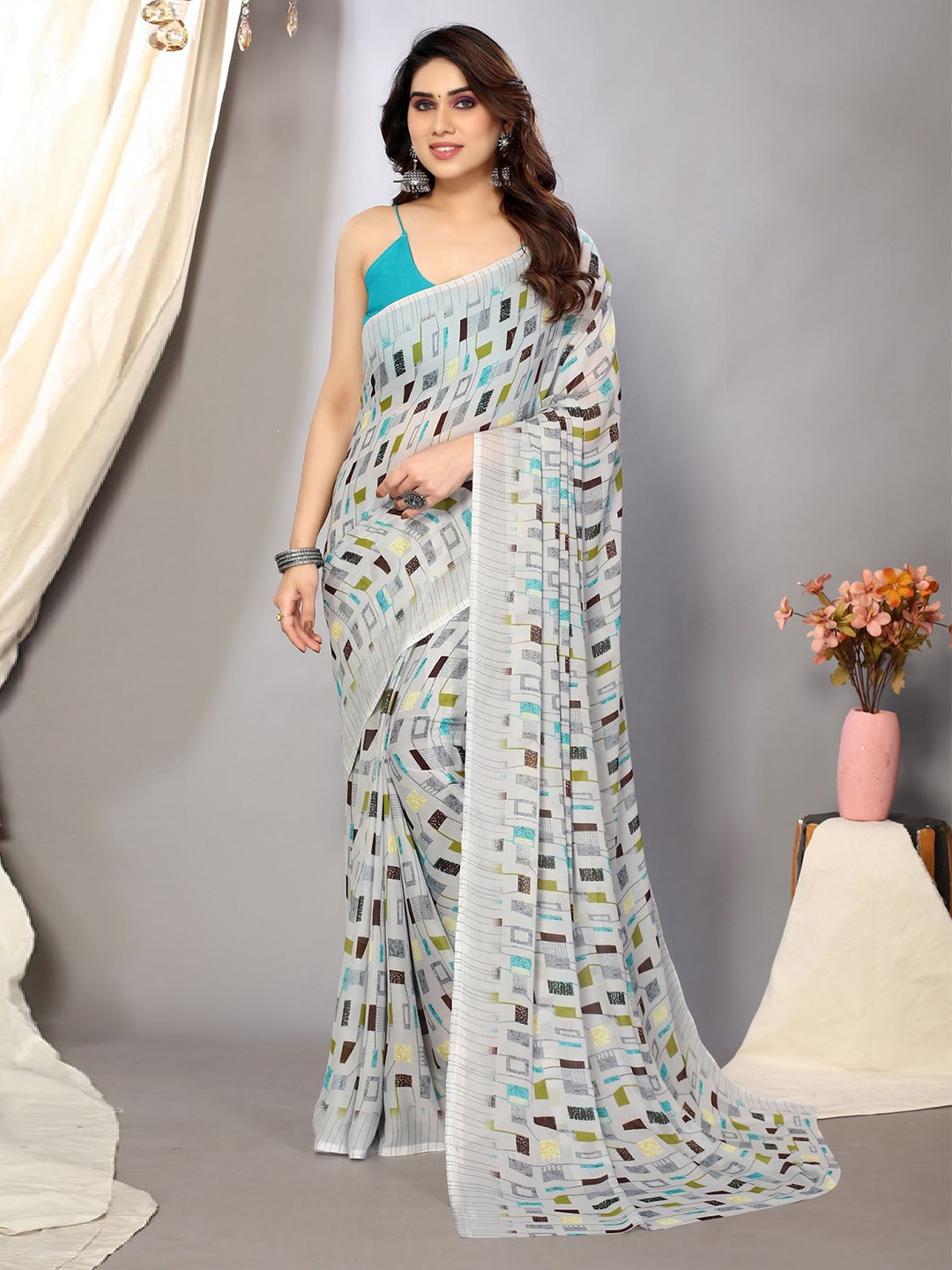 

ANAND SAREES Geometric Printed Saree, Grey