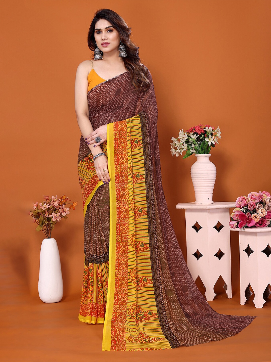 

ANAND SAREES Abstract Printed Saree, Brown