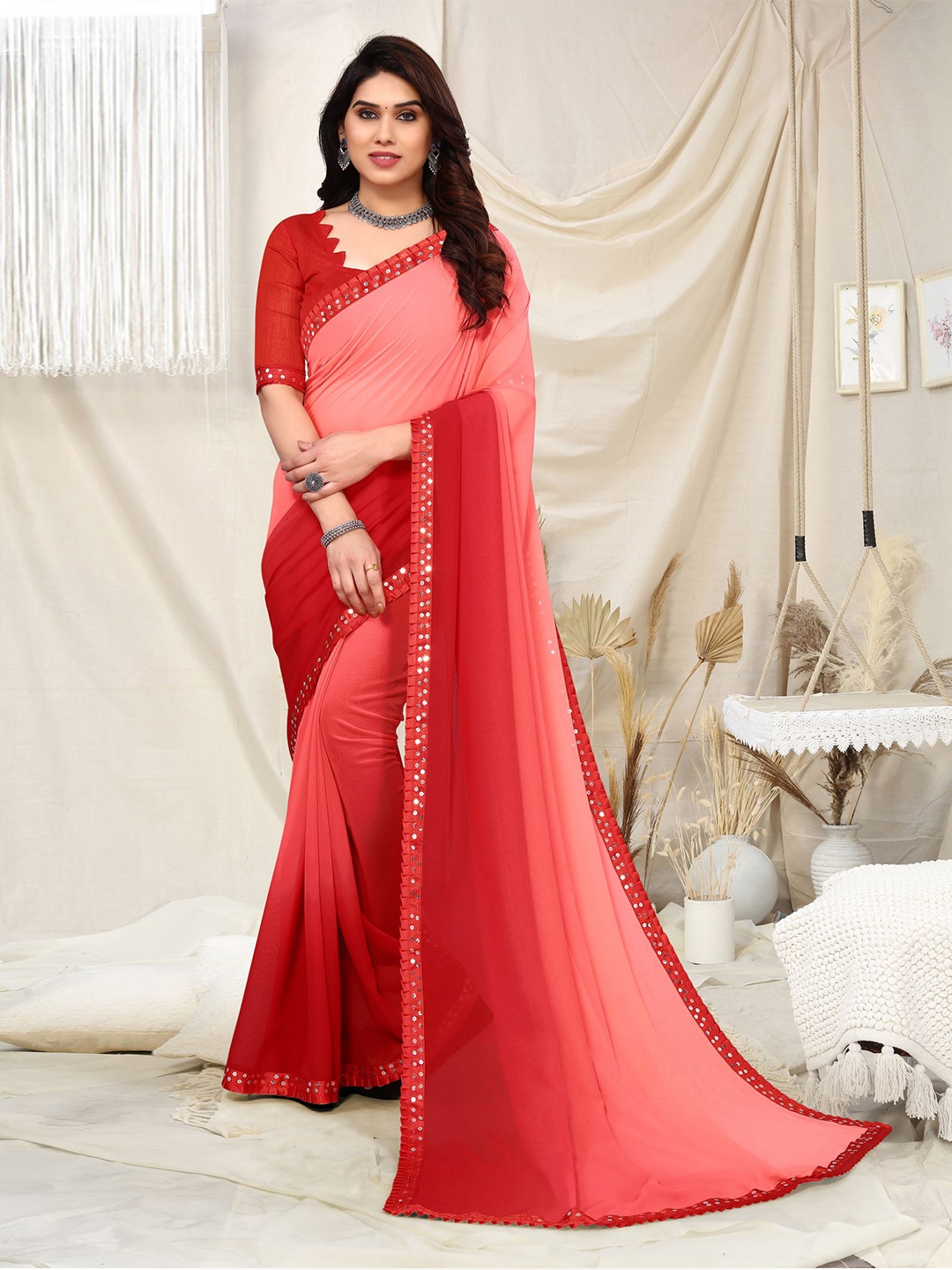

ANAND SAREES Ombre Dyed Sequined Saree, Pink